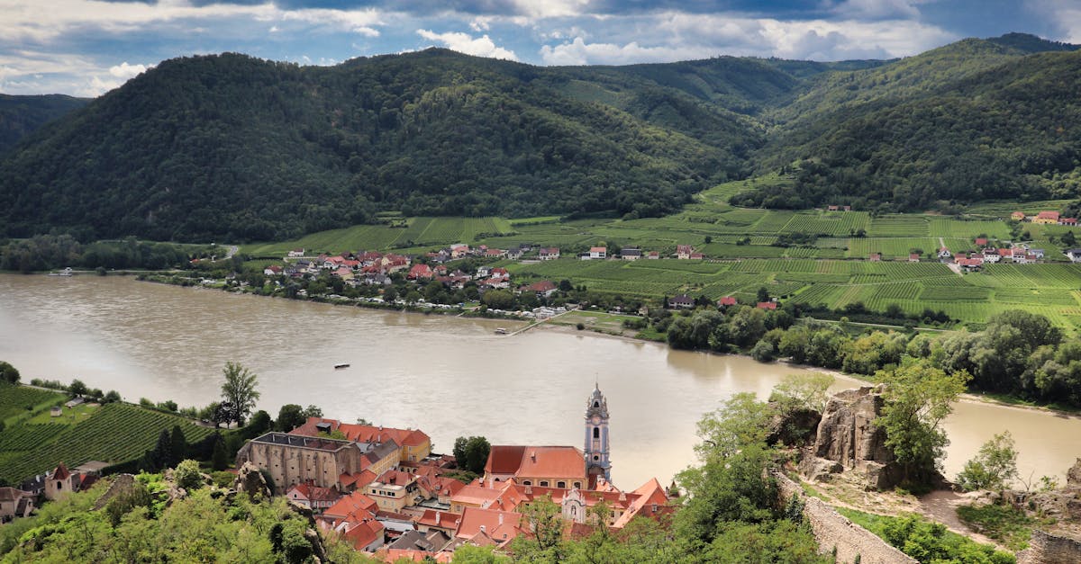 Stunning aerial view of Dürnstein with Danube River and Wachau Valley in Austria.