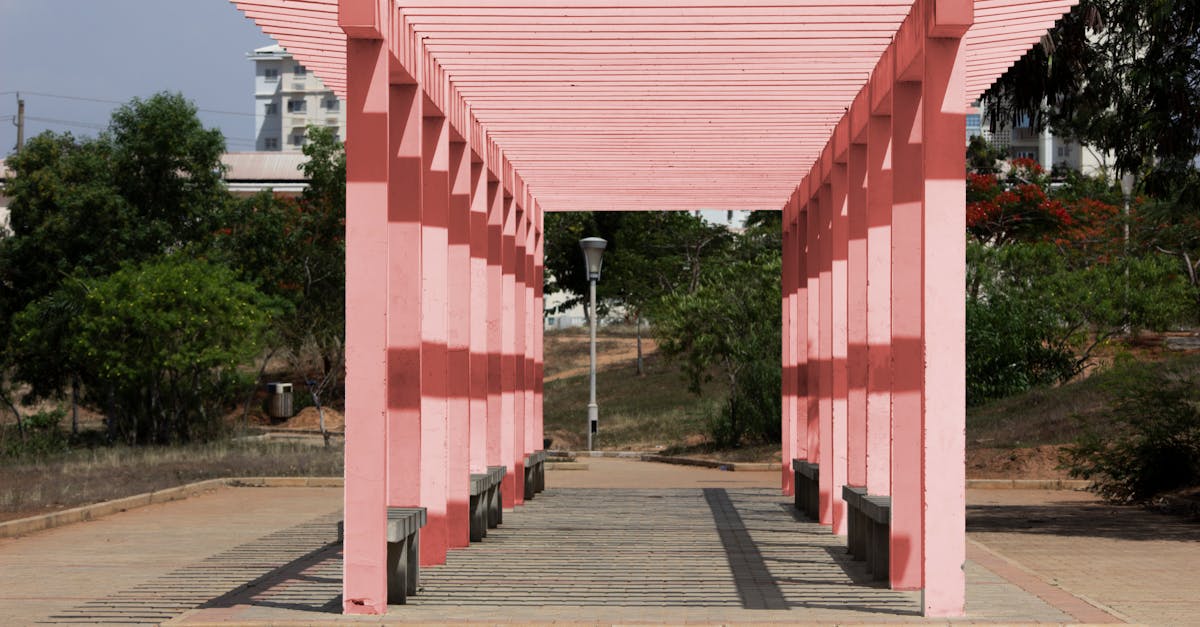 A vibrant pink pergola structure in a city park providing shade over benches.
