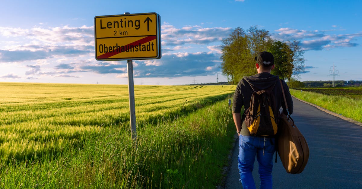 A man walks towards Lenting on a scenic rural road in Bavaria during a sunny day.