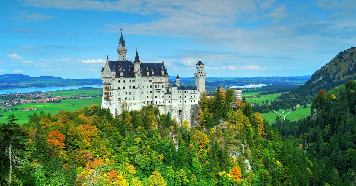 Aerial view of Neuschwanstein Castle amid vibrant autumn foliage with scenic landscape.