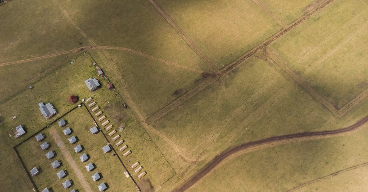 Aerial shot of fields and buildings in Элекмонар, Altai Republic, Russia.