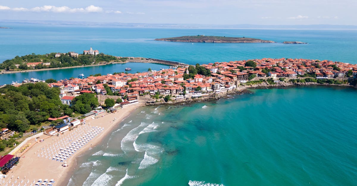 Stunning aerial view of Sozopol, Bulgaria, showcasing its picturesque coastline and vibrant sea.
