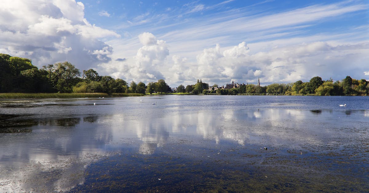 Beautiful landscape with tranquil lake, clouds reflecting, and distant town skyline.