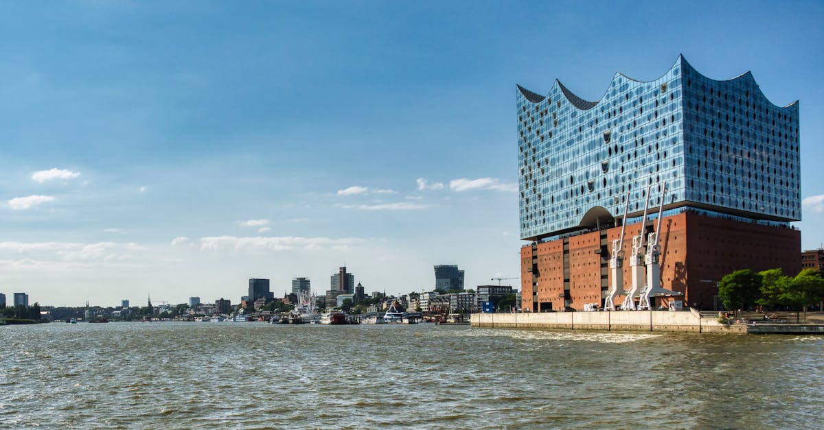 The striking architecture of Elbphilharmonie in Hamburg, Germany, along the riverbank on a clear day.
