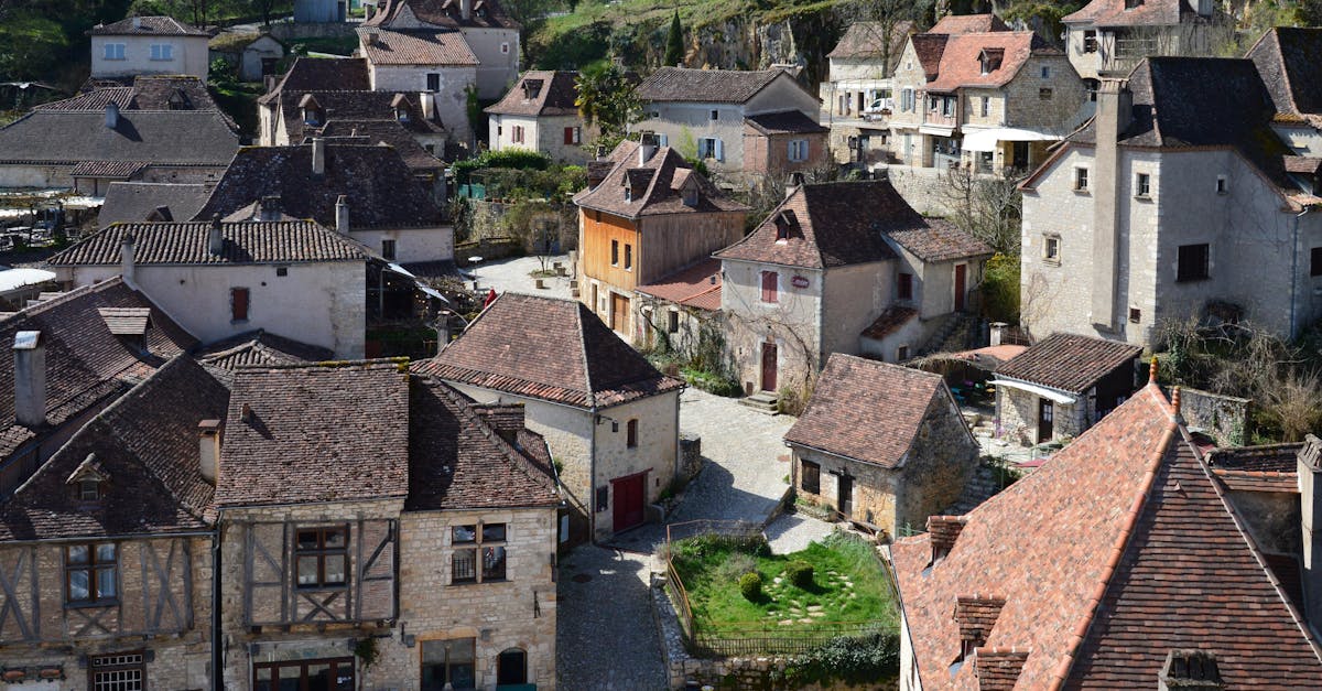 Scenic view of rustic European village with stone houses and tiled roofs under daylight.
