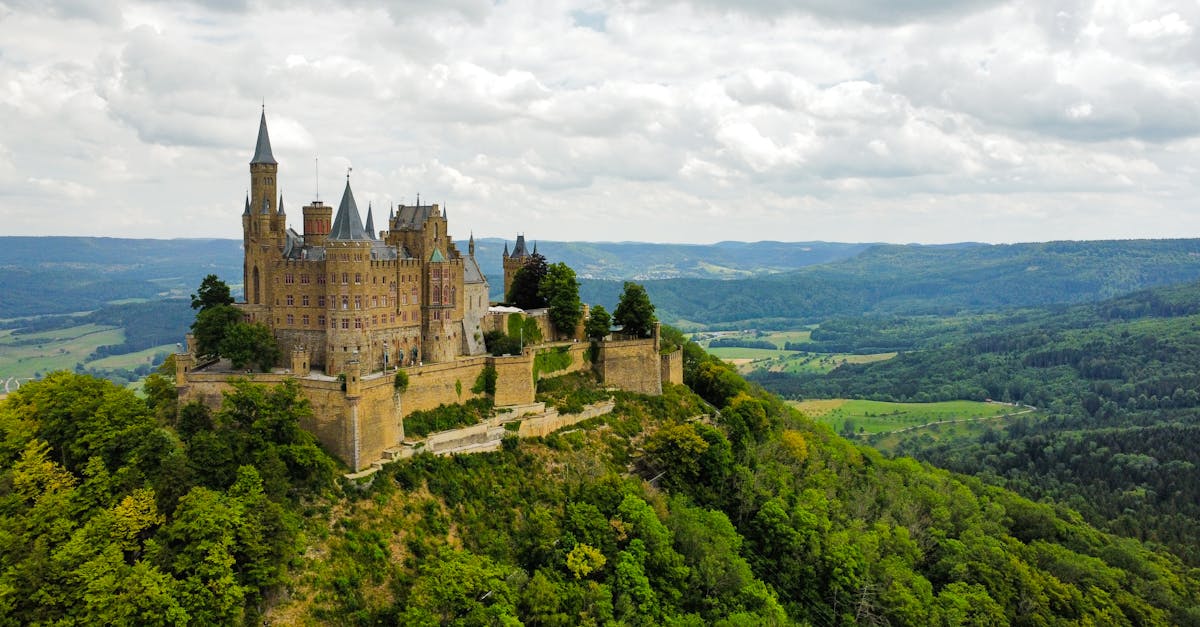 Aerial view of Hohenzollern Castle in summer, located in the scenic Swabian Jura, Germany.