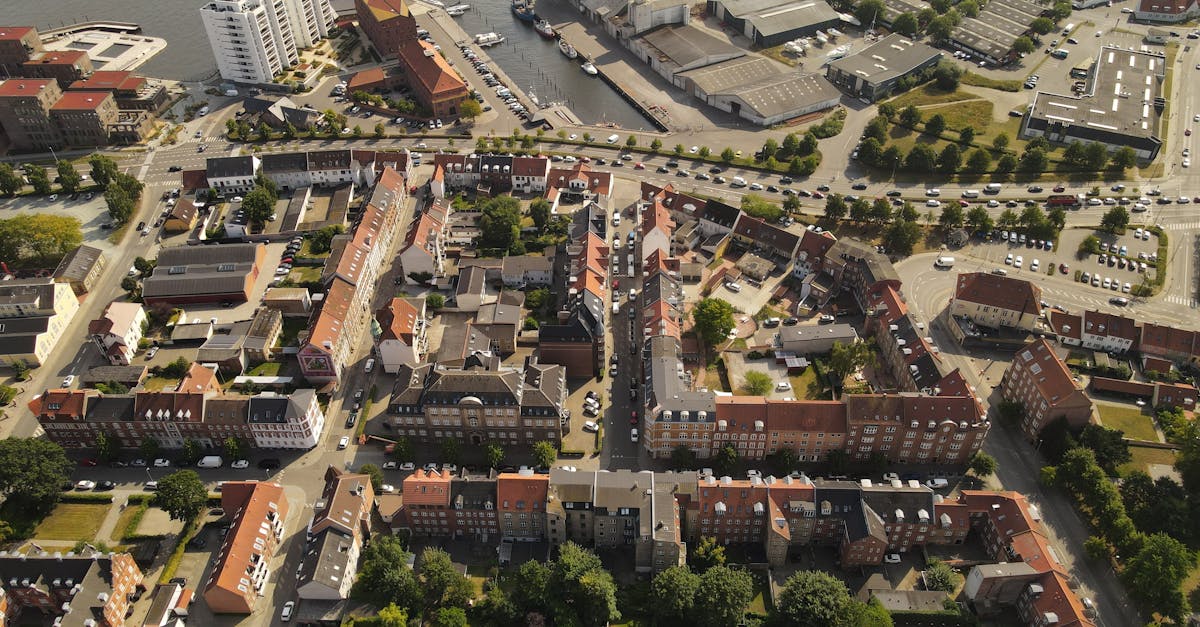 Aerial view of Horsens, Denmark showcasing buildings, streets, and waterways in summer.