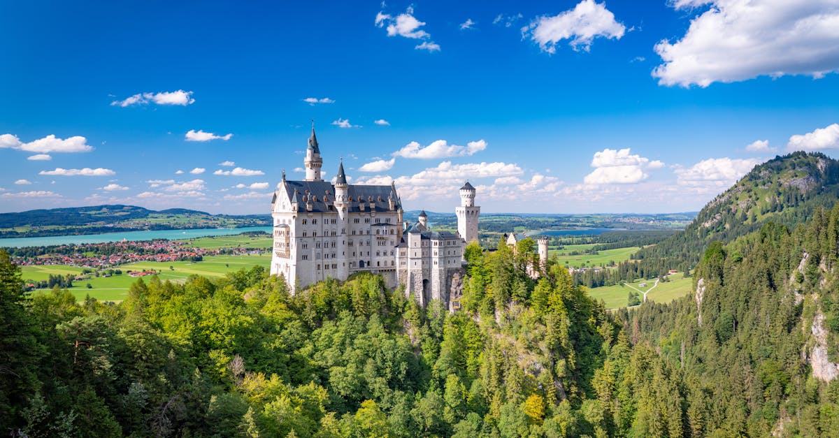 Aerial view of Neuschwanstein Castle in Bavaria, framed by lush greenery and a bright blue sky.