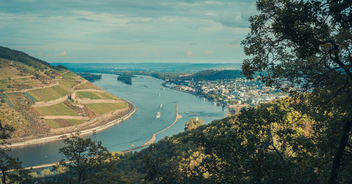 A stunning aerial view of a river winding through lush landscapes and a small town.