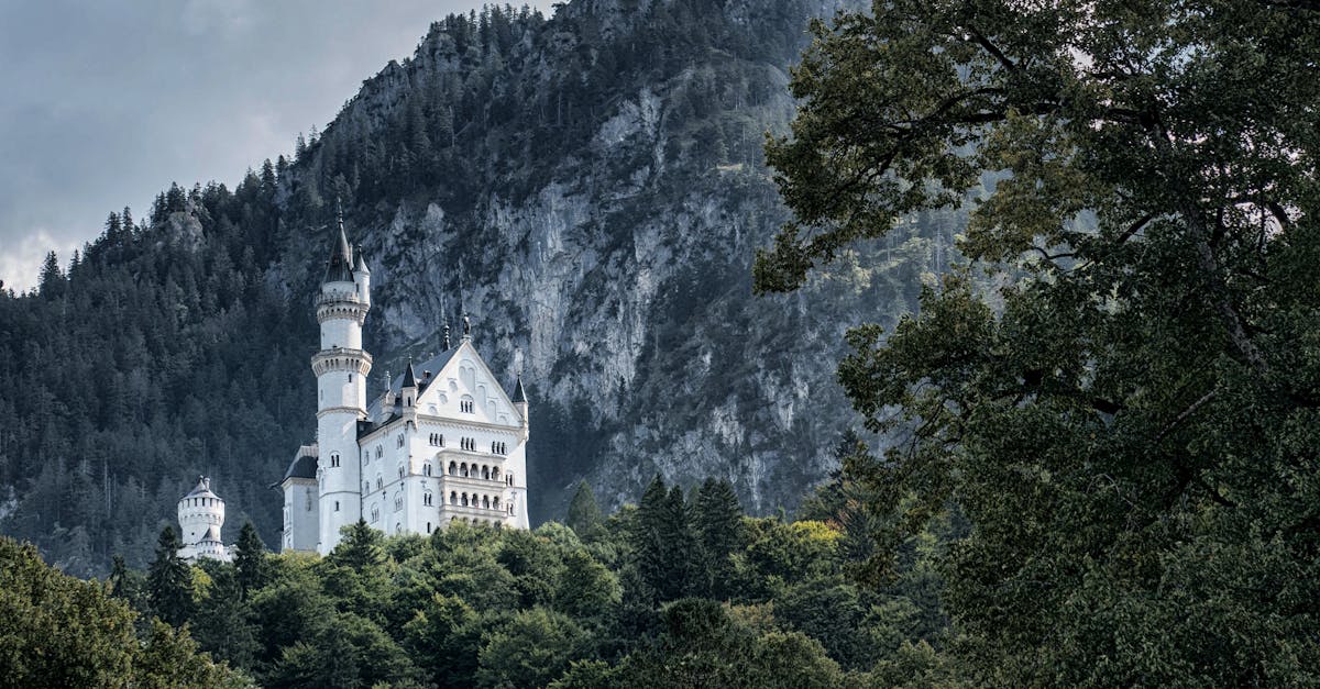 A picturesque view of Neuschwanstein Castle surrounded by lush forests in Füssen, Germany.
