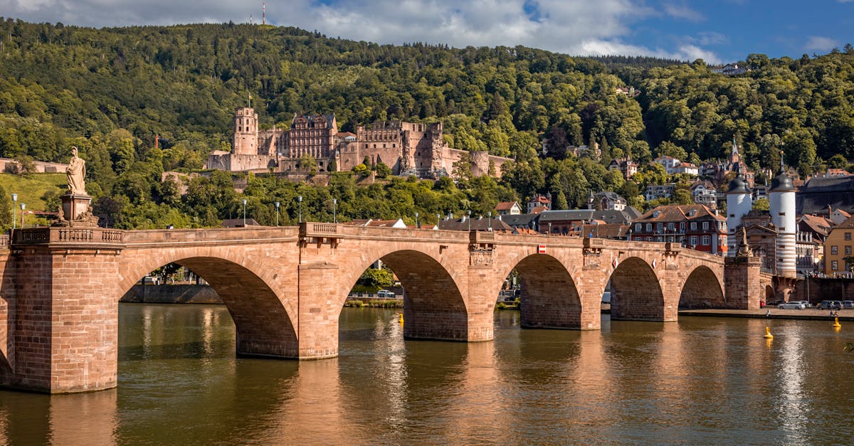 View of Heidelberg Castle and the Old Bridge over the Neckar River.