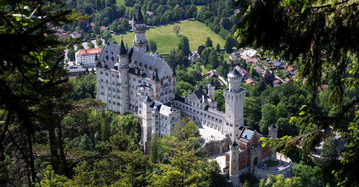 Aerial view of Neuschwanstein Castle in Bavaria, surrounded by lush greenery.