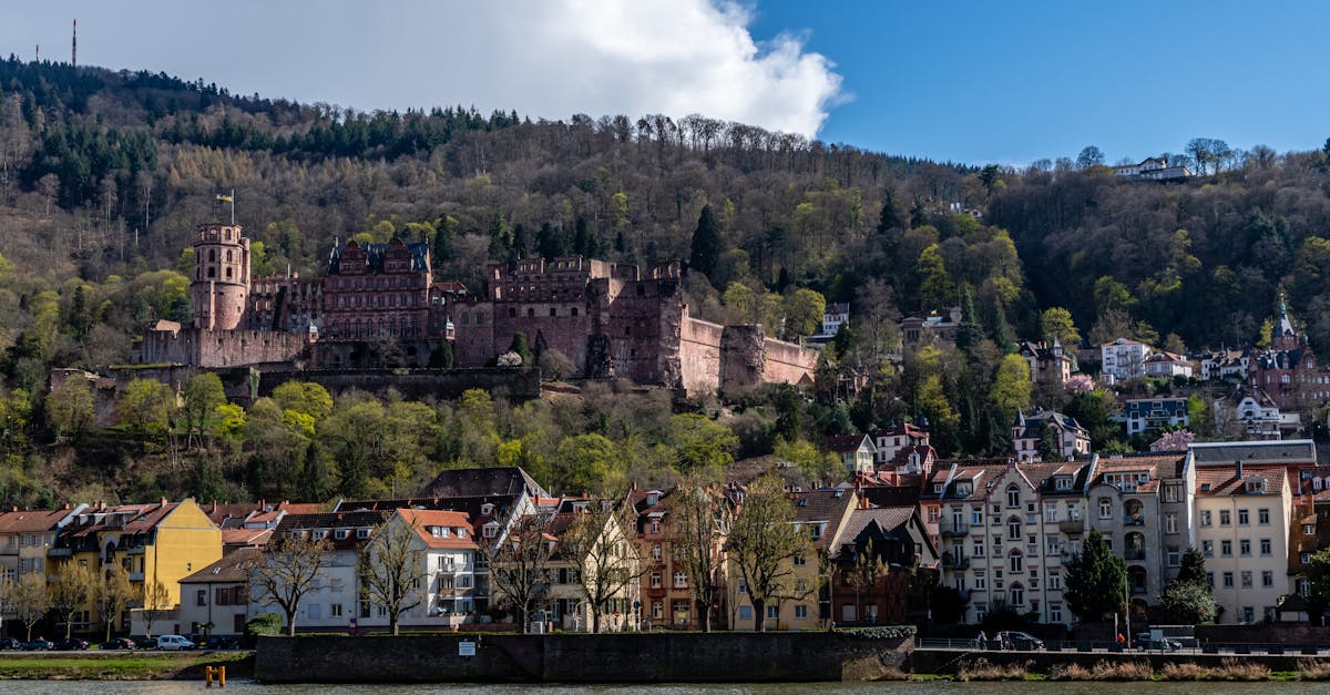 Picturesque view of Heidelberg Castle and old town across the Neckar River in Germany.