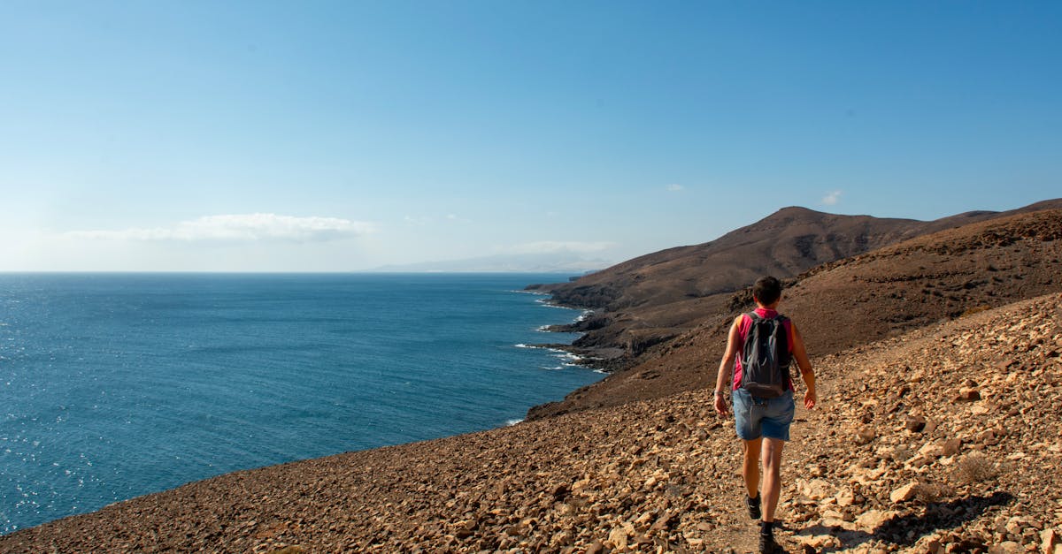A lone hiker with a backpack walking the arid coastal path under a clear blue sky.