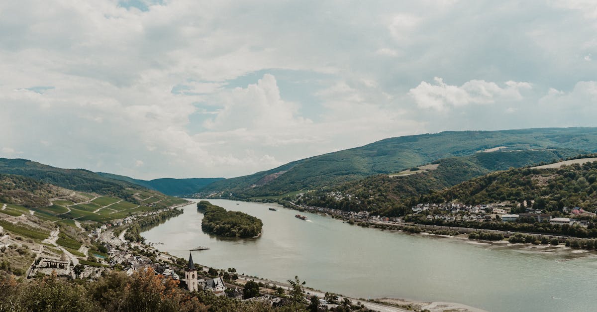 Aerial view of the Rhine River winding through the picturesque town of Rüdesheim in Germany, surrounded by hills.