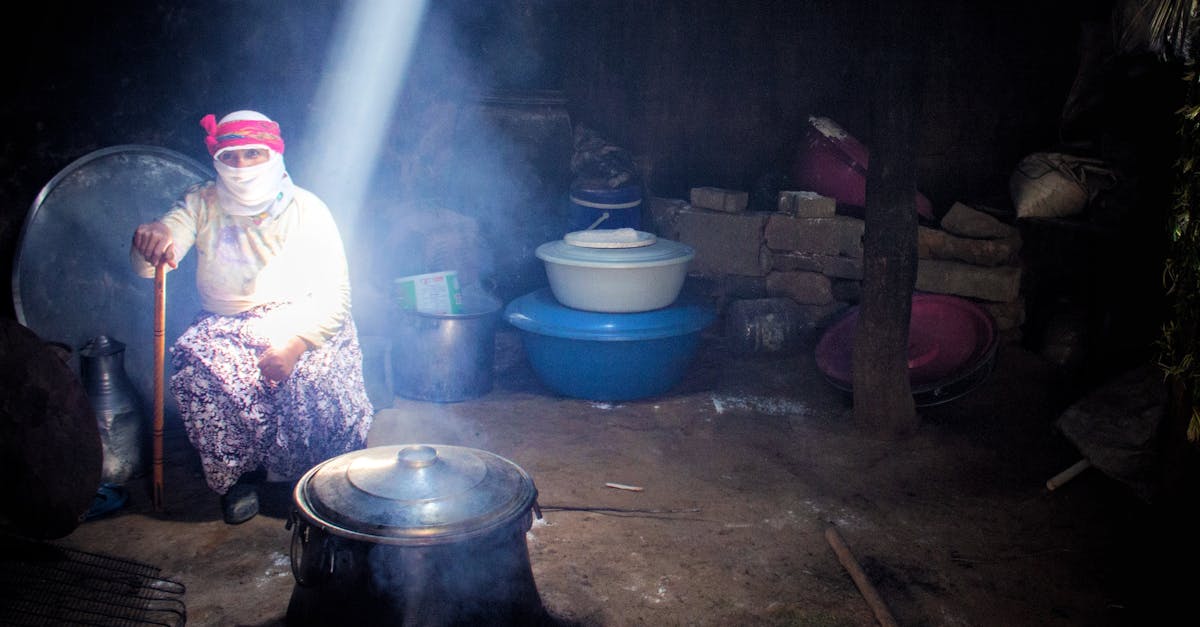 A woman cooks in a rustic home with sunbeam illumination, evoking simplicity and tradition.