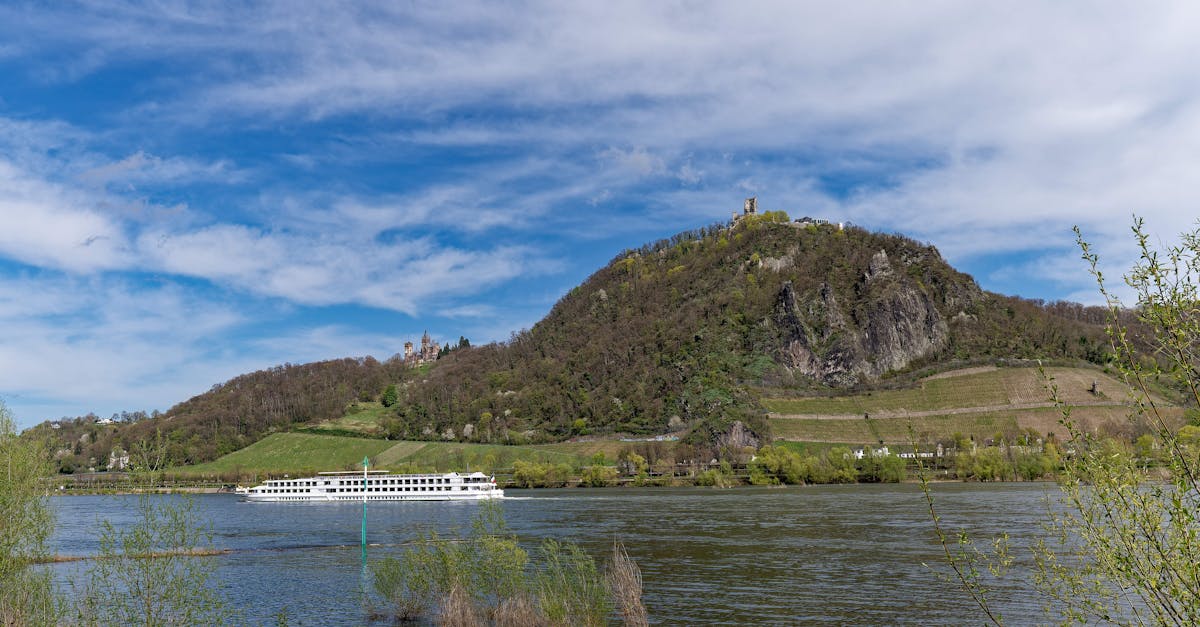 Explore a picturesque Rhine River scene with a cruise ship passing below a castle-topped hillside.
