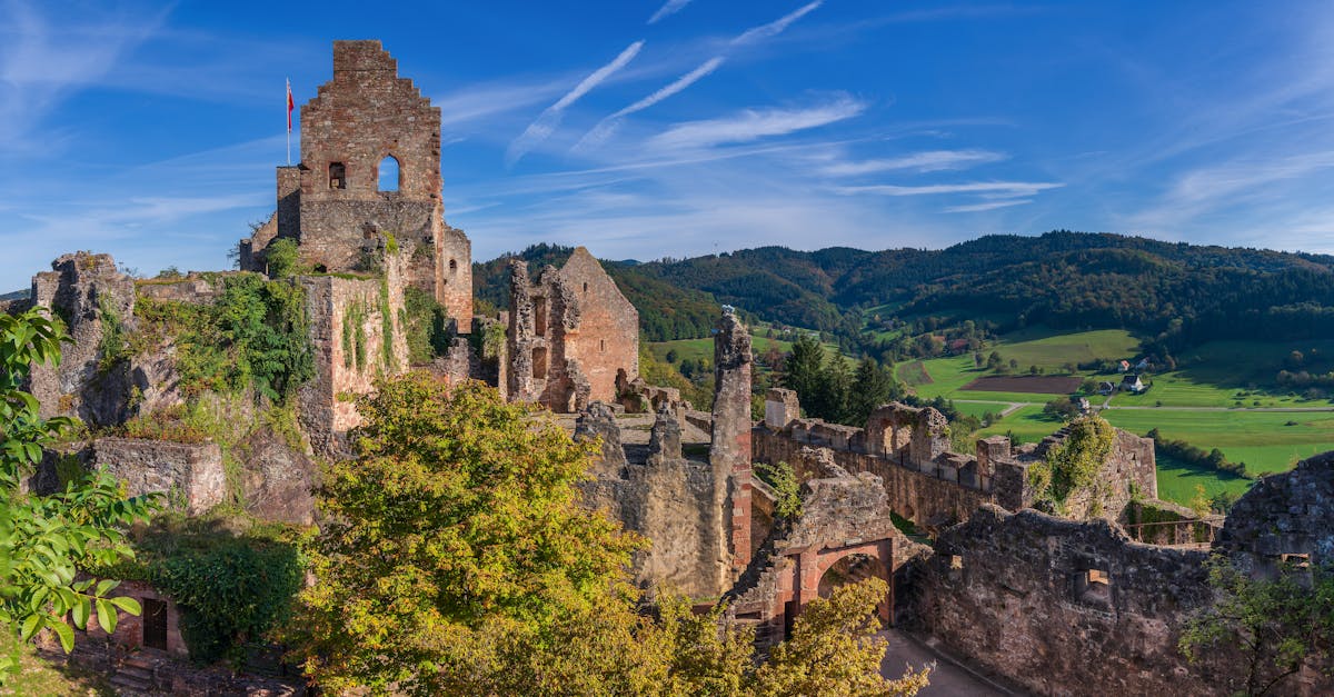 Aerial view of Hochburg Castle ruins in Emmendingen, Germany, surrounded by lush countryside.