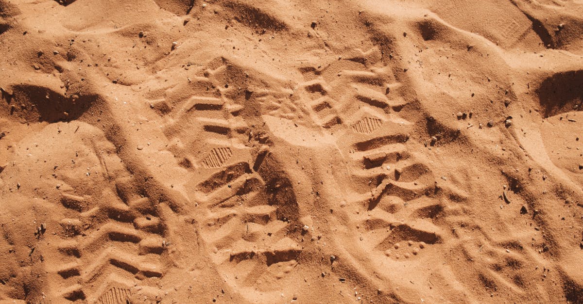 Detailed footprints on desert sand, showing shoe tread patterns in a warm setting.