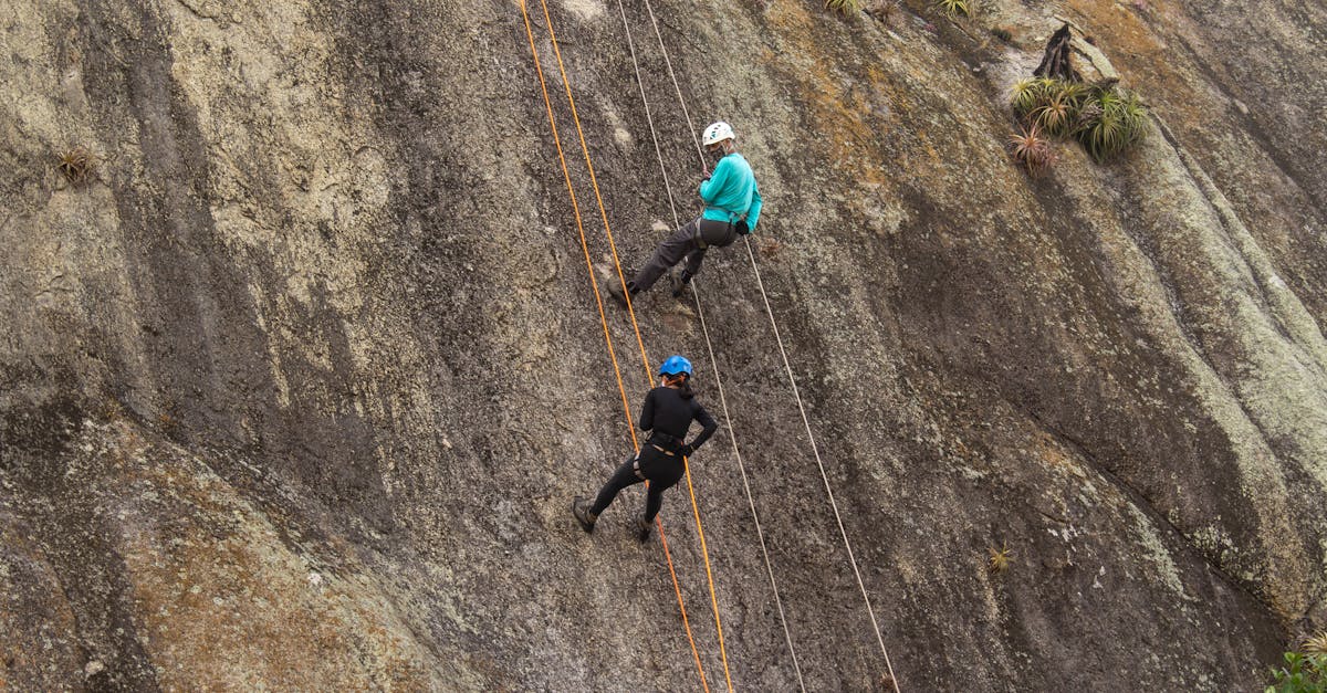 Two climbers scale a rugged granite cliff with ropes, showcasing strength and teamwork.