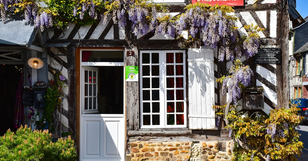 Traditional Normandy house with wisteria, located in a picturesque French town.