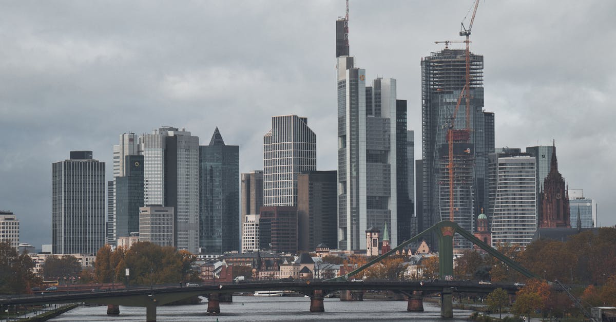 Impressive Frankfurt skyline showcasing modern skyscrapers and the riverfront at sunset.