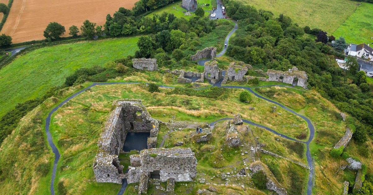 Stunning aerial view of the medieval Rock of Dunamase ruins surrounded by lush Irish countryside.