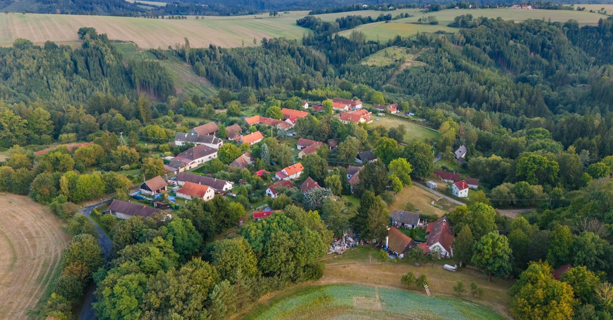 Aerial view of a picturesque village in Petrovice II, Czech Republic, surrounded by lush greenery.