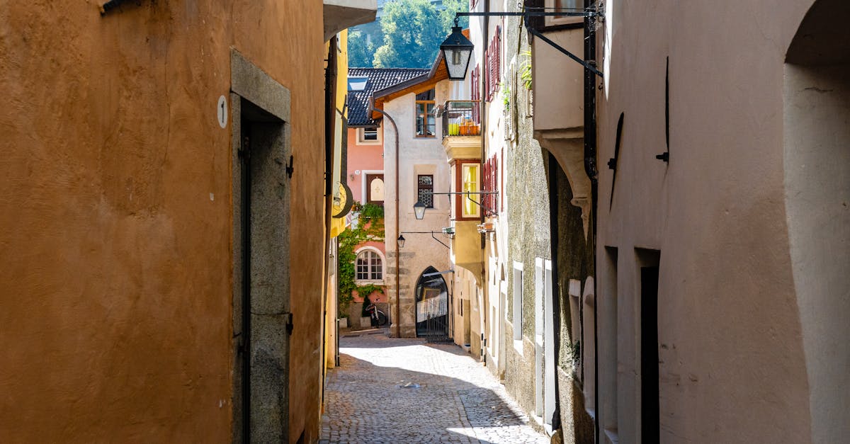 Sunlit cobblestone street in an Italian village with rustic buildings and vibrant colors.
