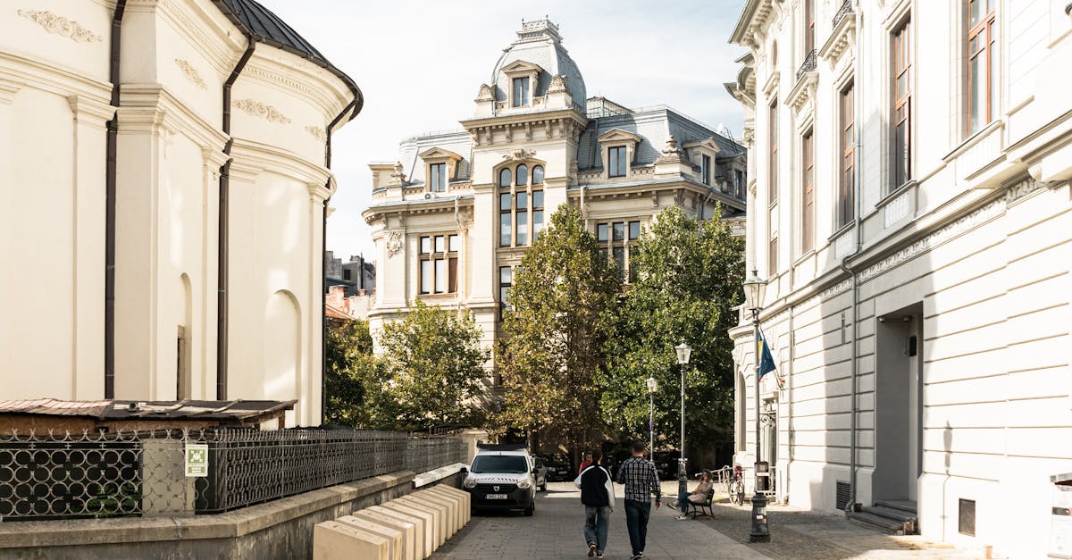 Elegant architecture and a quiet street in Bucharest, Romania's capital.