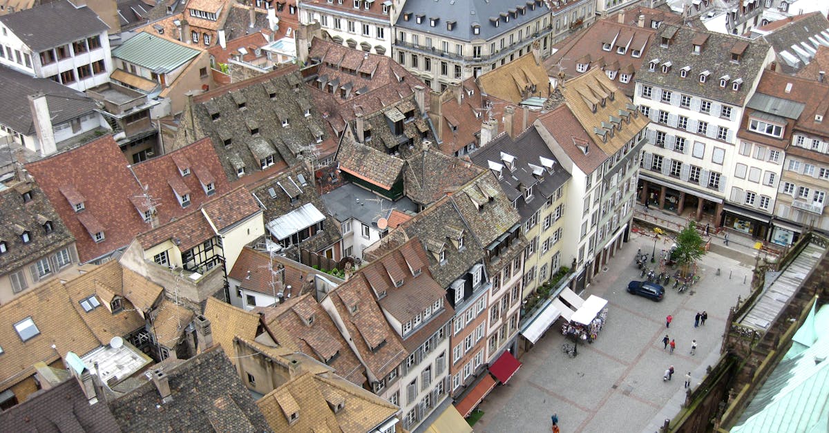 Aerial view of historic rooftops and streets in Strasbourg, showcasing traditional architecture.