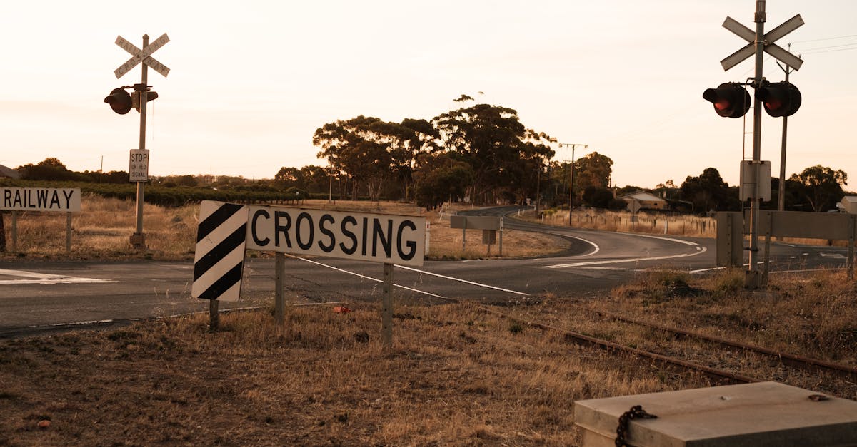 Quiet rural railway crossing at sunset with crossing signs and empty tracks.