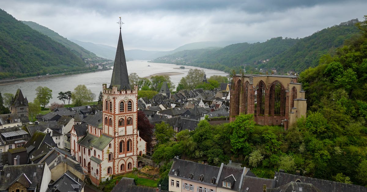 A picturesque aerial view showcasing the charming town of Bacharach with the Rhine River in the background.