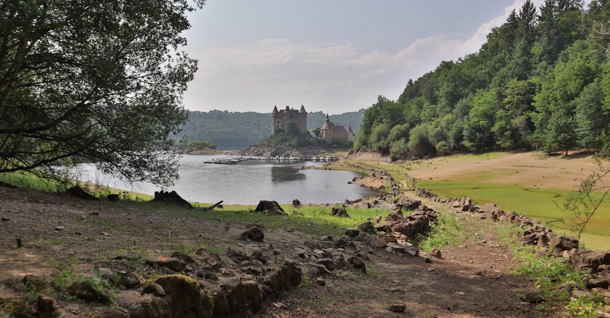 A beautiful French chateau overlooks a serene lake surrounded by lush green forest.