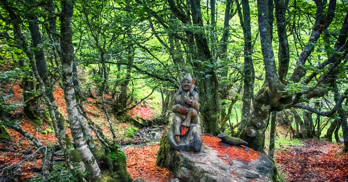 Enchanted forest scene with a carved wooden statue in Riaño, Spain.
