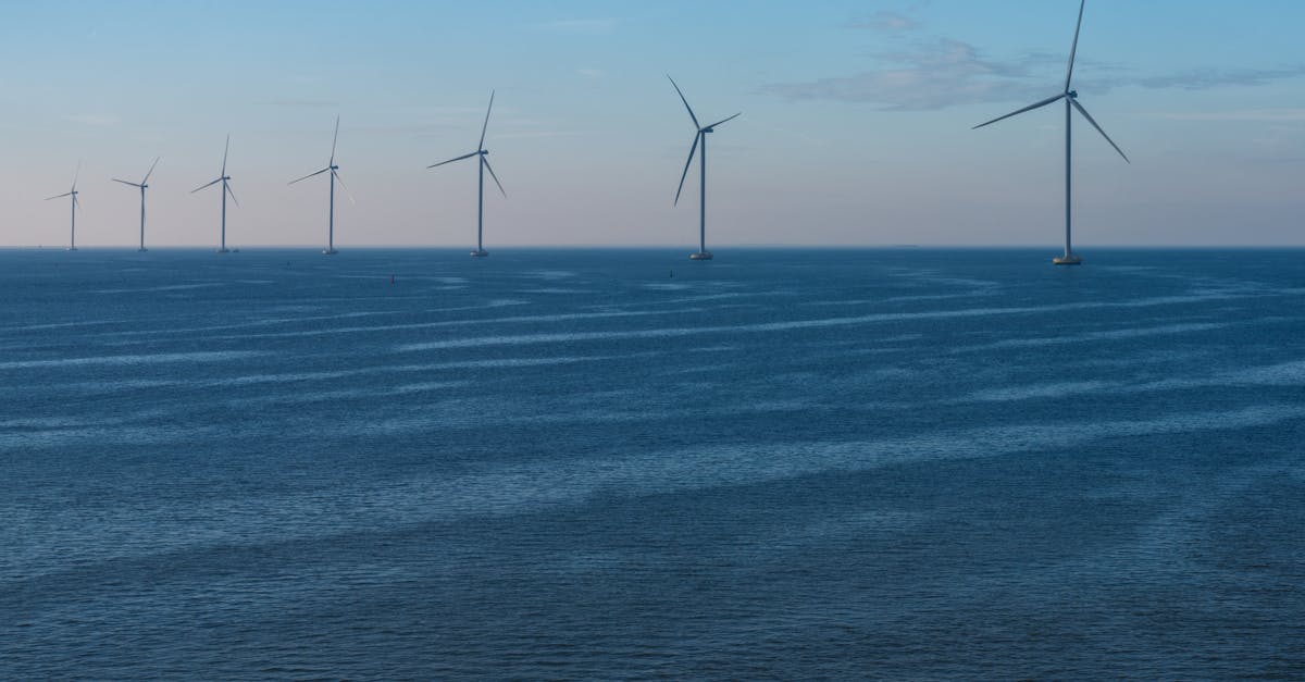 Scenic view of offshore wind turbines against a calm sea in Flevoland, promoting renewable energy.
