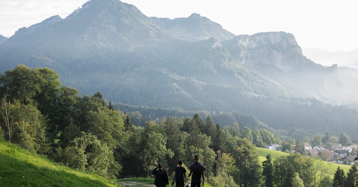 Three people hiking on a trail with scenic mountain view, lush greenery, and distant village.