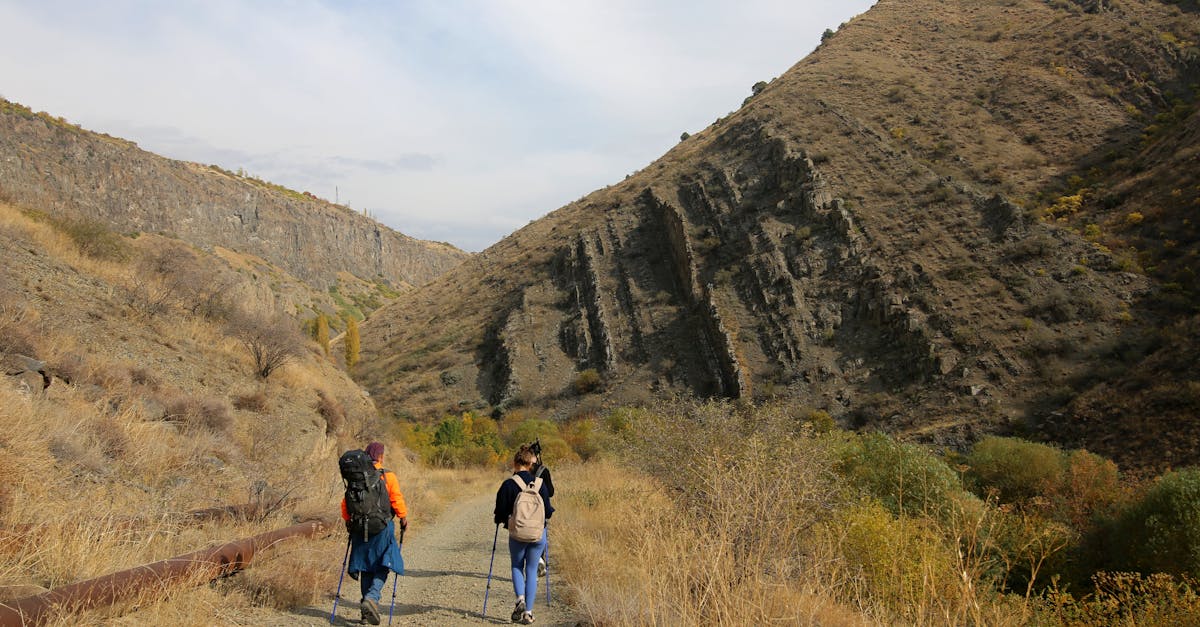 Two hikers traverse a scenic mountain trail amidst rocky landscapes and autumn foliage.