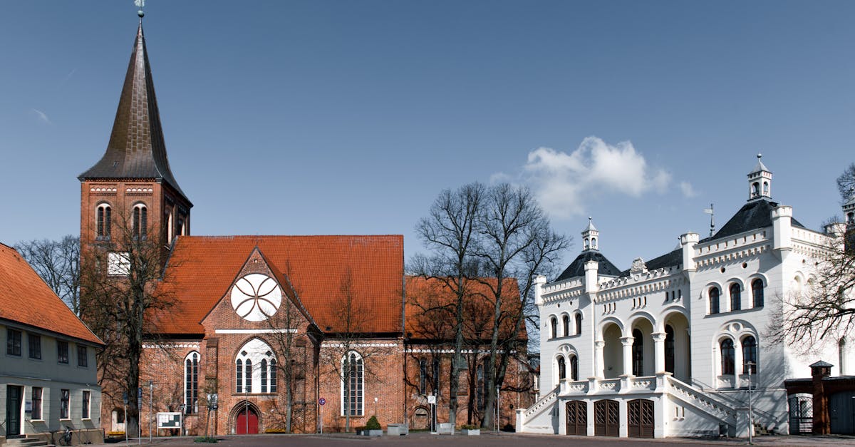View of St Mary's Church and historic buildings in Wittenburg, Germany, showcasing Gothic and Renaissance architecture.
