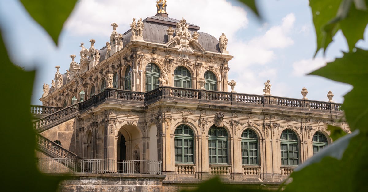 Stunning perspective of Zwinger Palace through lush green leaves on a sunny day in Dresden, Germany.