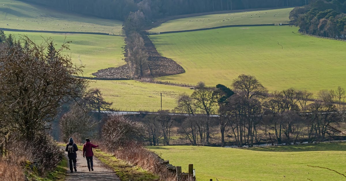 Two hikers enjoy a scenic trail through Peebles, Scotland, with rolling hills and greenery.