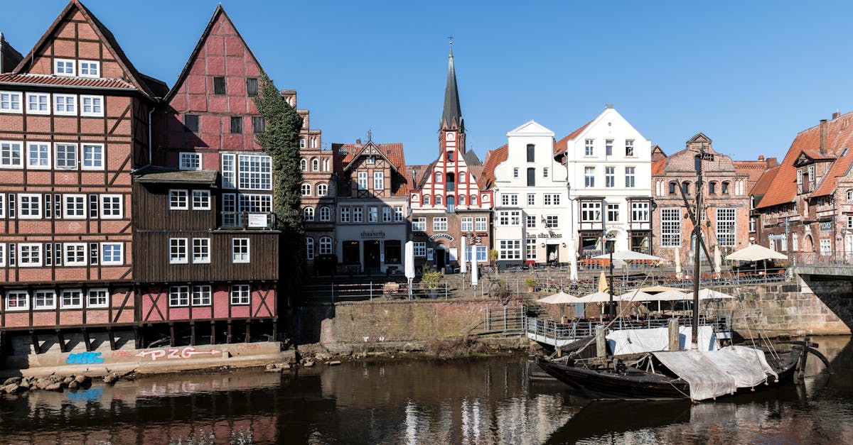 Picturesque view of historic medieval buildings along a river in Lüneburg, Germany.