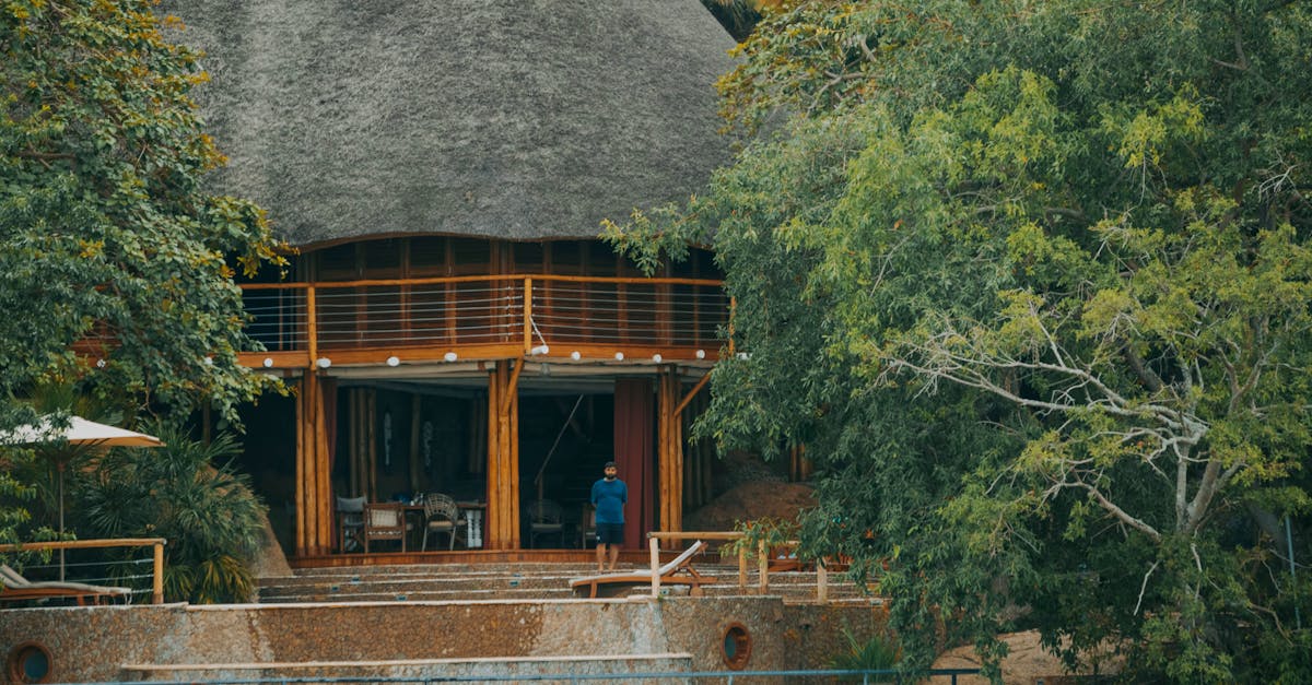 A beautiful rustic lodge with a thatched roof nestled among lush green trees.