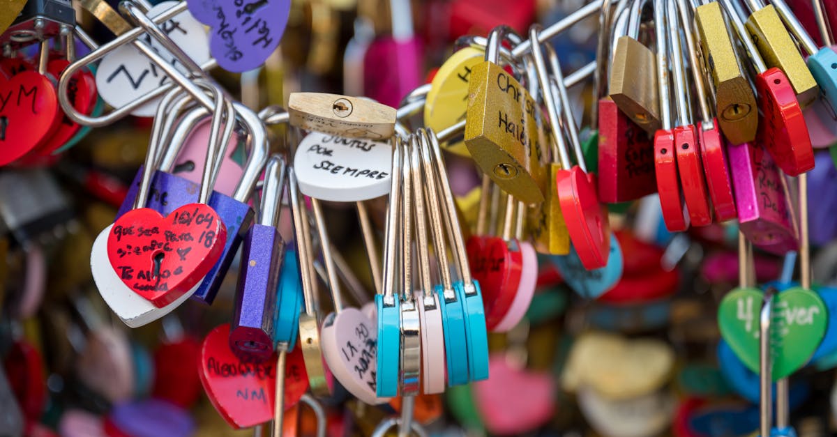 Vibrant heart-shaped love locks attached to a bridge, symbolizing eternal affection and commitment.