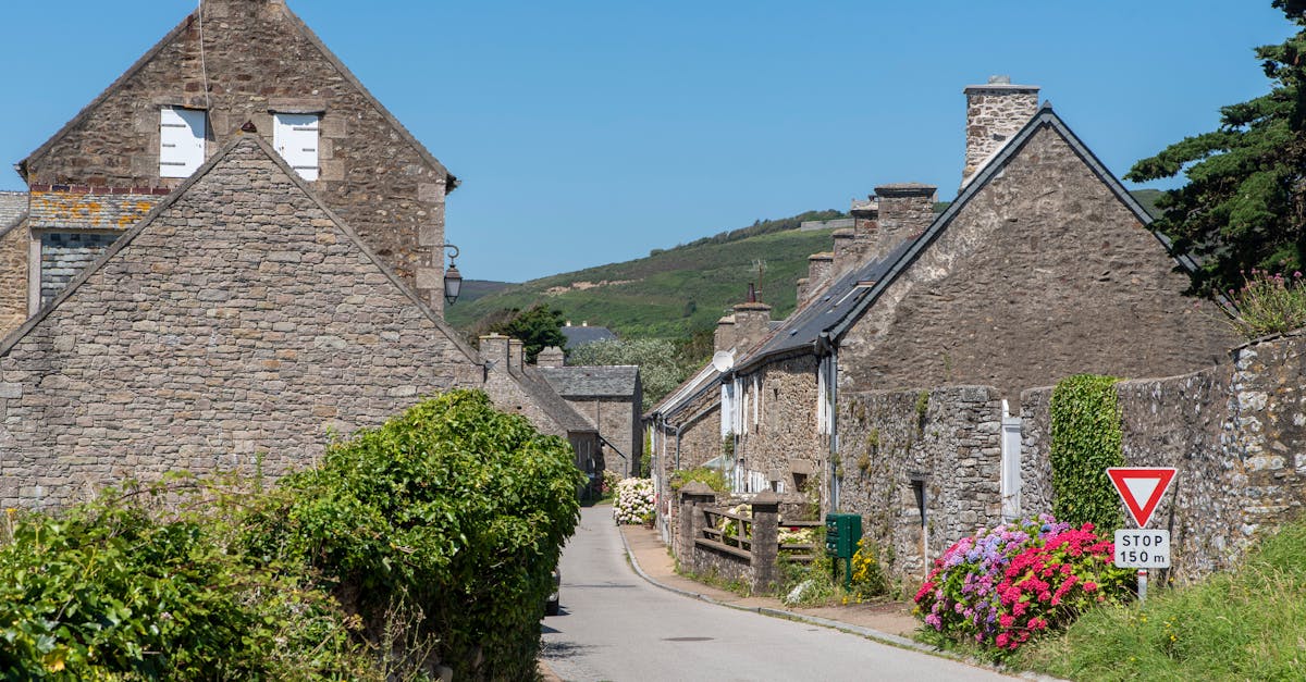 Idyllic village scene with stone houses and hydrangeas in La Hague, Normandy, France.