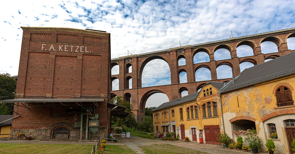 View of Göltzsch Viaduct with historic buildings in Thüringen, Germany, under a cloudy sky.