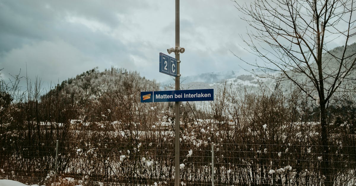 Snowy landscape in Matten bei Interlaken, Switzerland with train station sign.