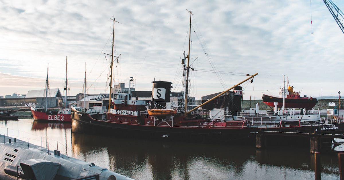 Seefalke and other ships docked at Bremerhaven port under cloudy skies, showcasing maritime history.