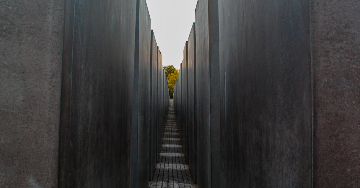 Narrow path and dark concrete walls of labyrinth on autumn day in park