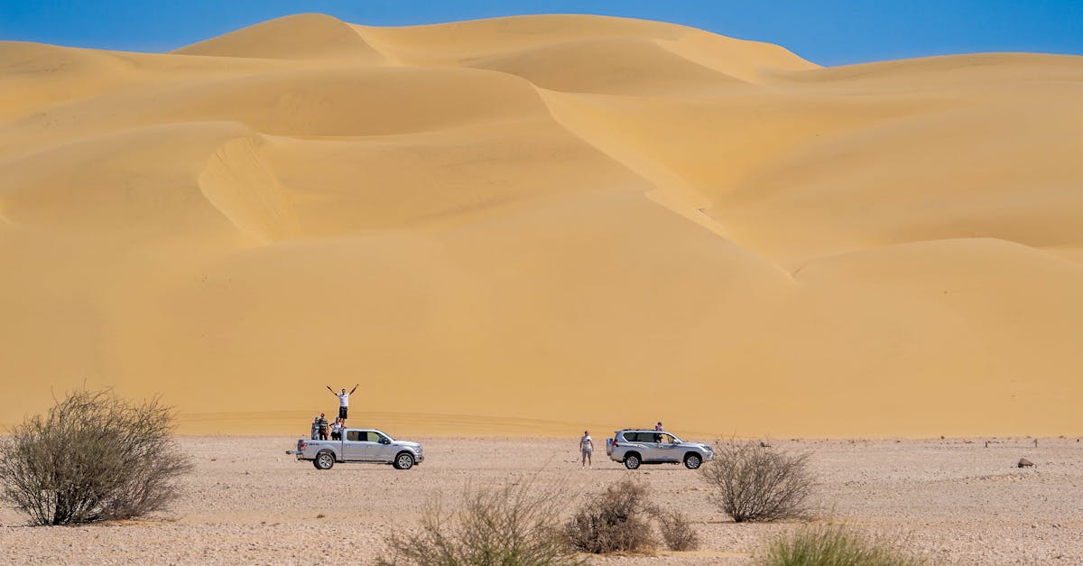 Exploring vast desert dunes by SUVs with a group of travelers enjoying the adventure.